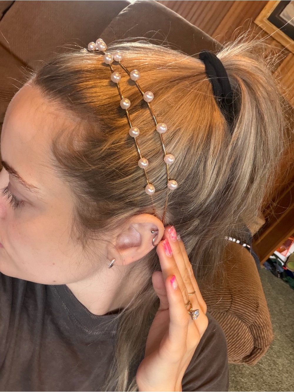 Gold Pearl Accent Double Headband - Women's Hair Accessory